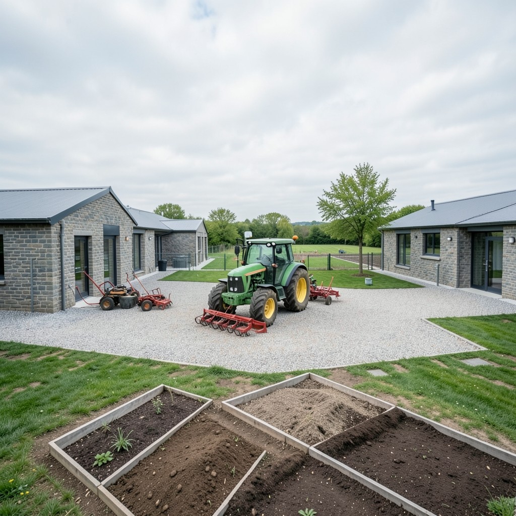 Open-air agricultural training yard with tractor, implements, and demonstration soil beds