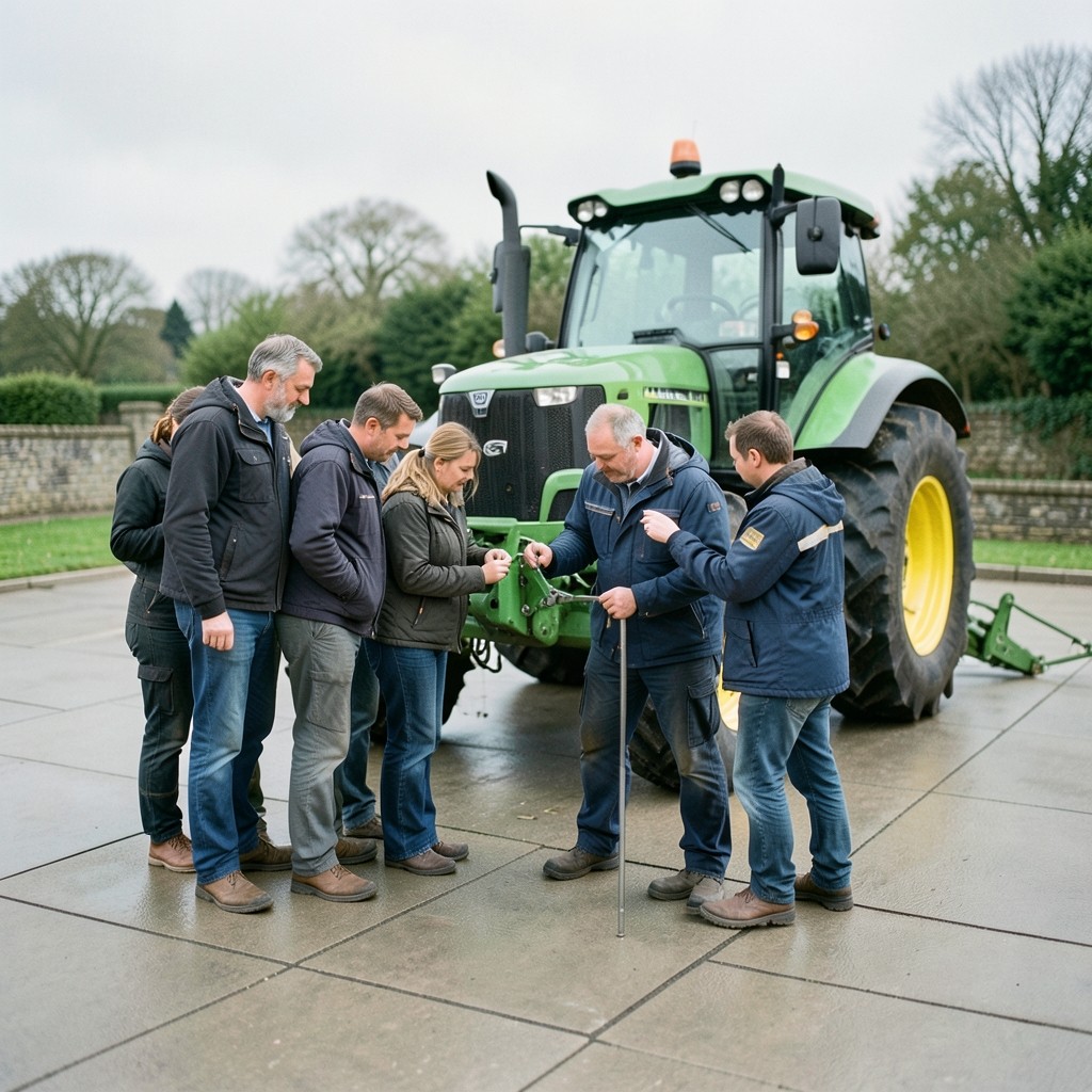 Instructors and learners inspecting a tractor in an open agricultural training yard