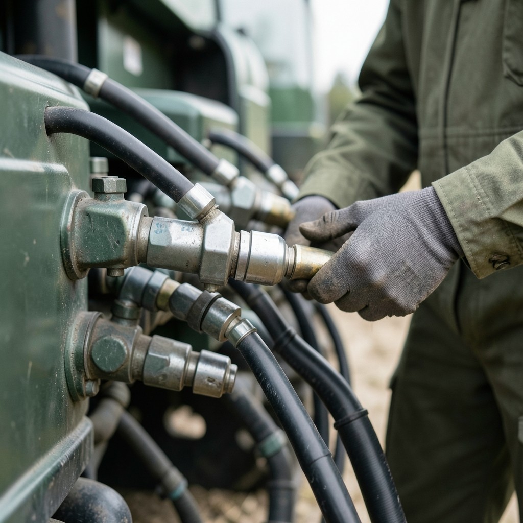 Close view of agricultural machinery hydraulics during a supervised training session